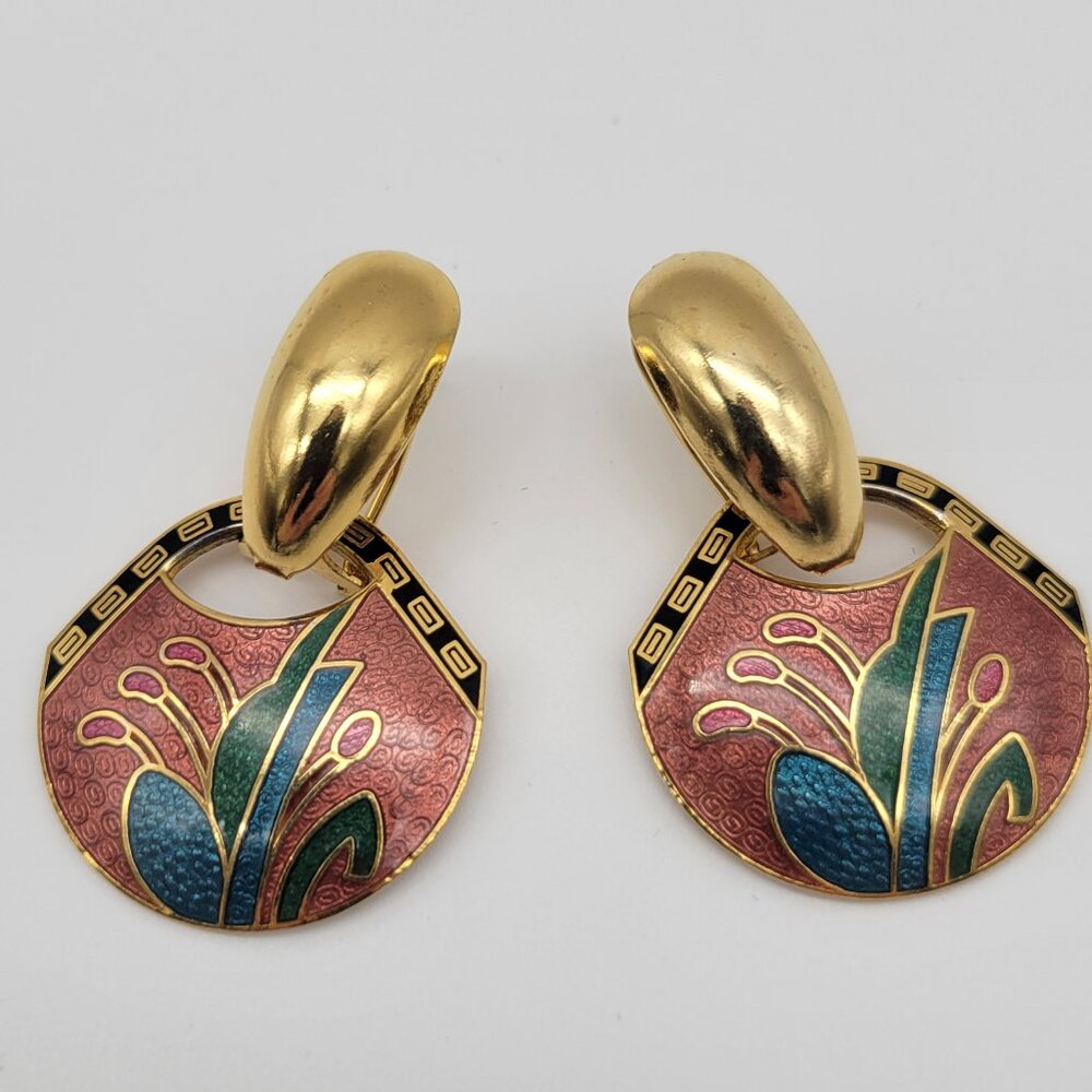 Cloisonne Door Knocker Earrings Enamel Floral Pink Green  2 in 1 Earrings